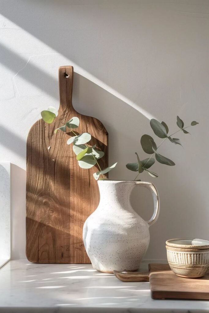 Large statement cutting board leaned against the backsplash as part of minimalist kitchen counter decor
