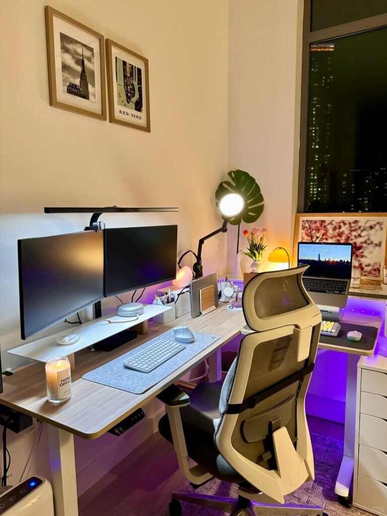 Modern home office at sunset with a computer using warm screen settings to reduce eye strain.
