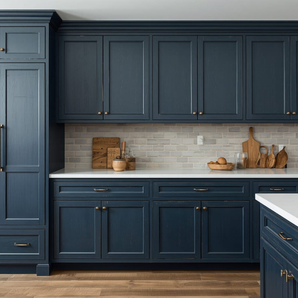 Wire-brushed navy cabinet doors with visible wood grain texture