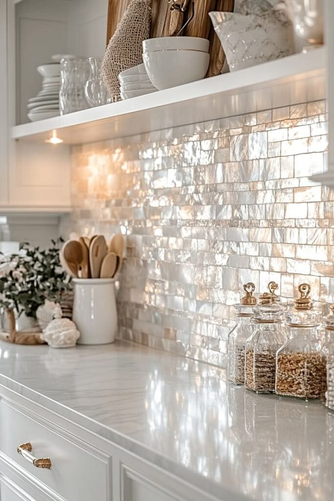 Ultra-thin glass tile in sandy beige with subtle shimmer, a luminous kitchen idea