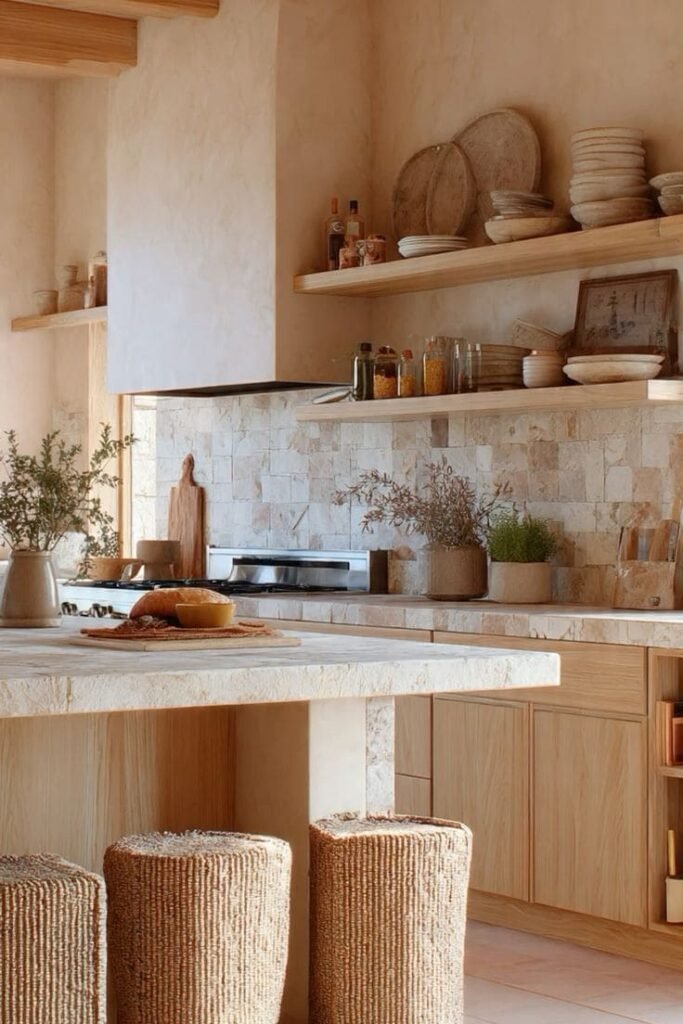 Honed and sealed unpolished travertine backsplash with natural pits, a warm Mediterranean kitchen backsplash idea