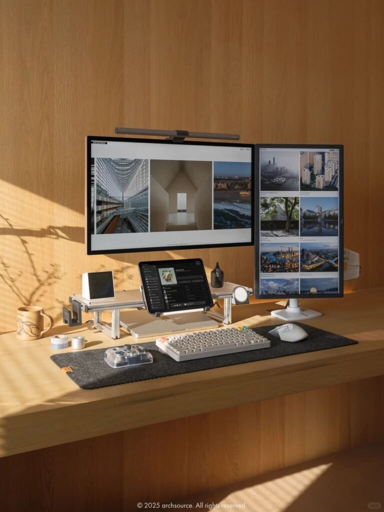 Minimal desk setup with a vertical computer monitor ideal for coding, reading, and productivity.