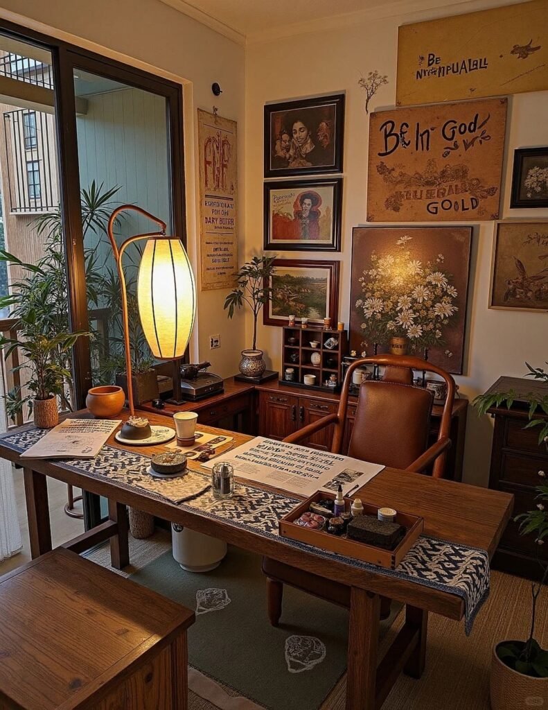Elegant home office with vintage framed artwork creating a sophisticated video call background.
