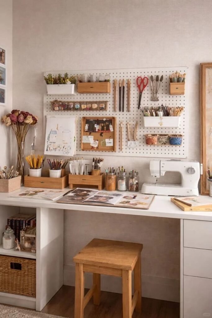 Natural woven baskets storing office supplies neatly beneath a modern office desk.
