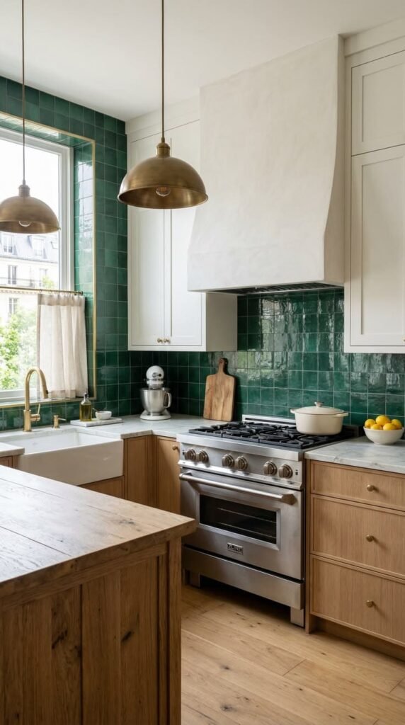 Handmade zellige tile in deep green with irregular gloss, a bold kitchen backsplash idea for color lovers