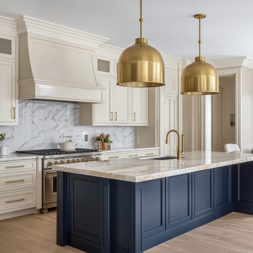 Midnight navy island anchoring an open kitchen, a dramatic take on blue kitchen cabinets