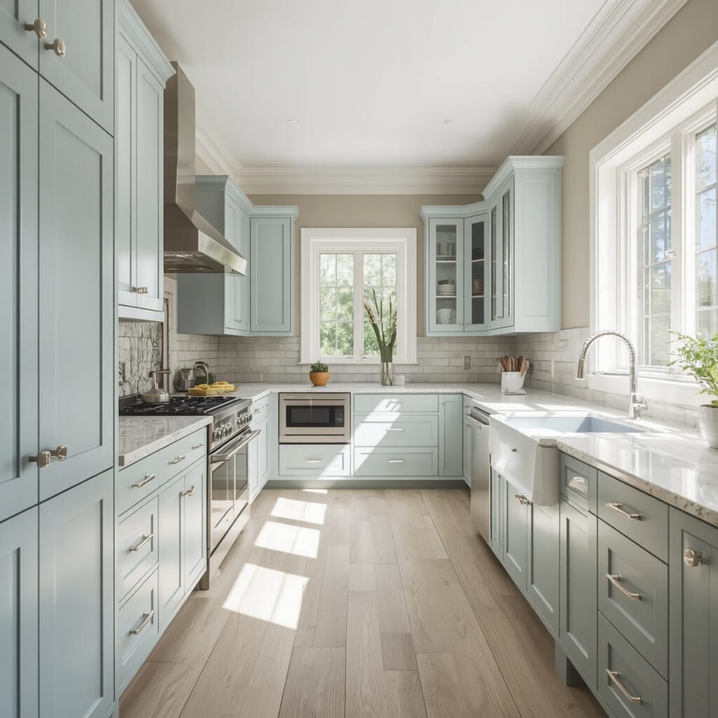 Powder blue perimeter cabinets in a sun-drenched kitchen with white countertops
