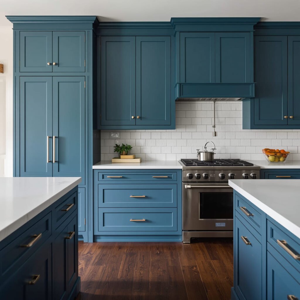 Matte indigo paint on shaker-style cabinet doors, a soft and sophisticated example of blue kitchen cabinets