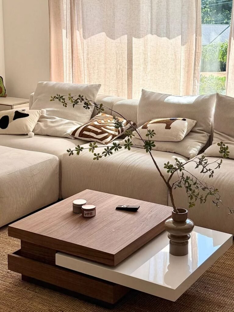 Minimal coffee table styling with carefully placed decor and plenty of open surface space.