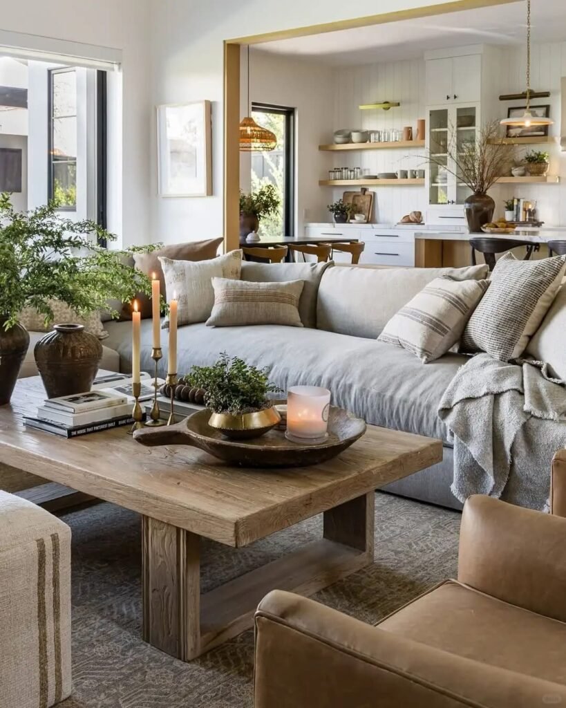 Coffee table featuring scented candles creating a warm and inviting atmosphere in the living room.